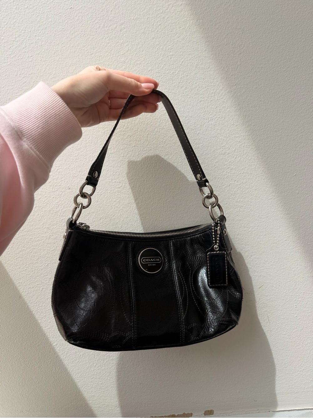Coach Black Leather Shoulder Bag with Silver-Tone Medallion